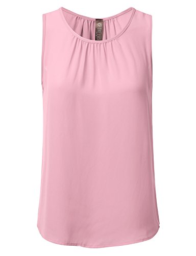 DRESSIS Women's Chiffon Crepe Pleated Round Neck Sleeveless Tank Top S to 3XL