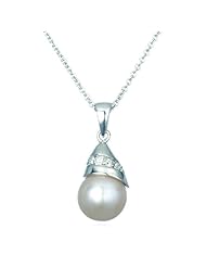 White Freshwater Pearl Pendant with White CZ-18"