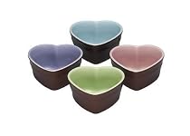 Le Creuset Stoneware Heart Ramekin Gift Set of 4, Espresso Exterior with Pastel Shade Interior of either Green, Pink, Blue or Purple