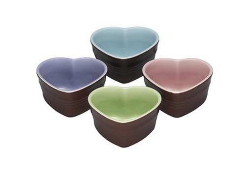Le Creuset Stoneware Heart Ramekin Set, Set of 4, Dark Chestnut with Assorted Pastel Colors
