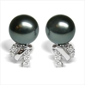 18K white gold Sophia Black Tahitian cultured pearl and diamond earring by American Pearl