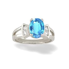 14K White Gold Genuine Oval Blue Topaz and Diamond Ring by Jewels For Me