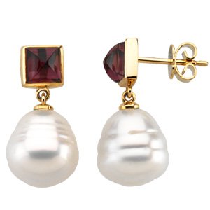 14k Gold S. Sea Cult. Pearl Garnet Earring 6mm 12mm - JewelryWeb