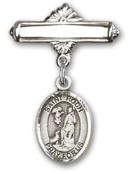 Sterling Silver Baby Badge with St. Roch Charm and Polished Badge Pin