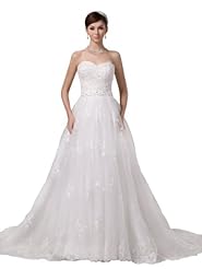 A-line Strapless Spring Fall Sweetheart Tulle  Applique Lace-Up Beaded Crystal Wedding Dress  with a Chapel Train  With Rhinestones