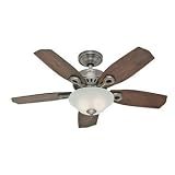 Hunter 28697 Auberville 44-Inch Single Light 5-Blade Ceiling Fan, Brushed Nickel with 5 Rustic Lodge/ Harvest Mahogany Blades and Frosted Glass light Bowl