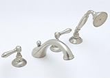IMAGE OF Rohl 4 Hole Deck Mount C-Spout Tub Filler w Hand Shower Porcelain Lever Handles Satin Nickel Finish A1464LP-STN