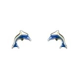 14K Blue Enamel Dolphin Earrings