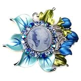 Blue Austrian Rhinestone Tulip Flower Lady Cameo Silver-Tone Brooch Pin