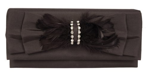 Big Satin Clutch with Feathered Bow and Rhinestone Center Evening Bag - (Tuscany)