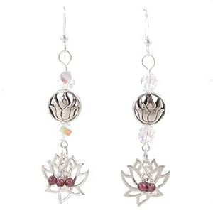 Long Lotus Flower Dangle Earrings in Sterling Silver with Garnet Gemstone Bead Clusters and Swarovski Crystals, #8161
