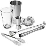 Stainless Steel Cocktail Set | Cocktail Equipment Set, Bar Accessories Set includes Boston Cocktail Shaker, Hawthorne Cocktail Strainer, Jigger Measure, Utility Tongs, Muddler & Twisted Mixing Spoon