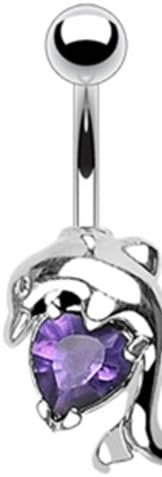 14g Surgical Steel Dolphin Sexy Belly Button Navel Ring Body Jewelry Piercing with Purple Solitaire Heart Non Dangle 14 Gauge 3/8"7Z ACC Body JewelryTM