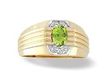 14K Yellow Gold Genuine Oval Peridot and Diamond Men's Ring