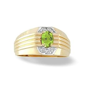 14K Yellow Gold Genuine Oval Peridot and Diamond Mens Ring by Jewels For Me