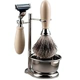 Faux Ivory Razor, Shave Brush and Stand