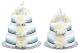Bloomers Cream Dahlias With Blue Stripes Diaper Cake-3 Tier
