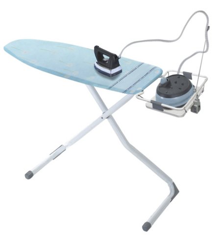 WENKO 1416014100 B&uuml;geltisch Steam Plus - h&ouml;henverstellbar, Abstellbrett f&uuml;r Dampfstationen, W&auml;scheablage, Steckdose, Kabelf&uuml;hrung, 125 x 43 cm, silber