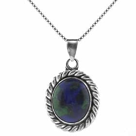 Sterling Silver Genuine Azurite Stone Twisted Border Oval Pendant by Azurite