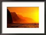 A Golden Sunset Over Na Pali Coast, Kauai, Hawaii, USA Collections Framed Photographic Poster Print by Ann Cecil, 22x17