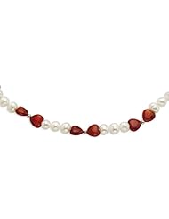 Sterling Silver 18in Freshwater Cultured Pearl & Red Agate Heart Necklace.
