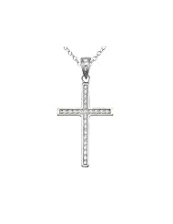 925 Sterling Silver Rhodium Medium Diamond Cut Cross Pendant - 16/18 Adjustable Chain Included
