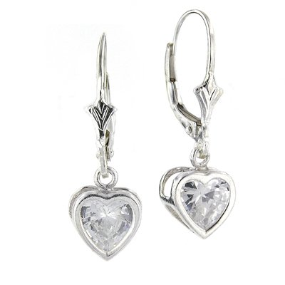 Sterling Silver Leverback Cz Heart Earrings