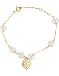 Freshwater Cultured Pearl Leaf Design Bracelet in 14k Yellow Gold