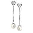 Sparkling Round Cut Diamonds, 8mm X 9mm White China Pearls, 14Kt. White Gold. Diamonds Dangling Earrings