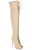 Glaze Thigh High Open Toe Stiletto Heel Lace Up Side Zipper Boots