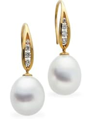 18K Yellow Gold Pair 12.00mm Fine/13/ Ct Tw South Sea Cultured Pearl W/Diamond Earring
