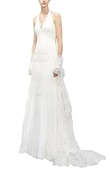 Lace Open-Back Halter Sleeveless Floor Length Striped Print Wedding Dress 