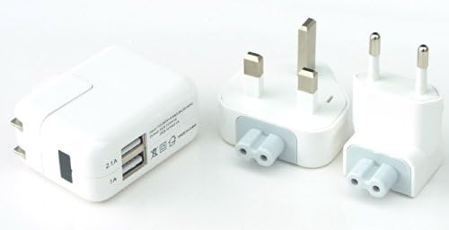 Dual USB Travel Wall Charger 2.1A Output with three Removable Adapters, US Plug, British Plug and Euro Plug (White)