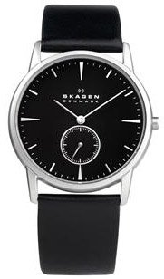 Skagen #958XLSLB Men's Steel Matte Case Black Dial Leather Band Dress Watch