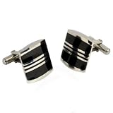 Striped Black Enamel Stainless Steel Cufflinks with Presentation Box