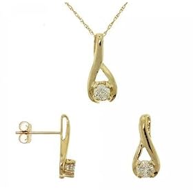 14KT Gold Stud Earrings Pendant Necklace Diamond Set by GemAffair