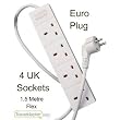 European Multi Travel Adapter: - 2 pin plug, 4 UK sockets and 1.5m flex; with free standard UK Postage