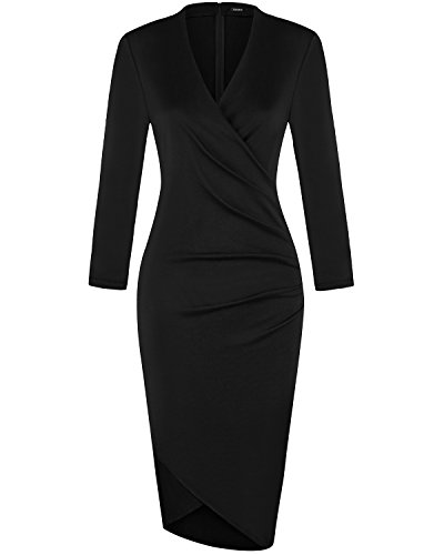 OUGES Womens 3/4 Sleeves Ruched Sheath Faux Wrap Dress