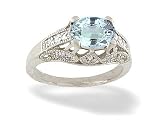 14K White Gold Genuine Oval Aquamarine and Diamond Antique Style Ring