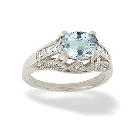 14K White Gold Genuine Oval Aquamarine and Diamond Antique Style Ring by Jewels For Me
