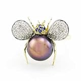 Size 9 14k Bee Shaped Ring Black Pearl Body Diamond Wings Sapphire Eyes
