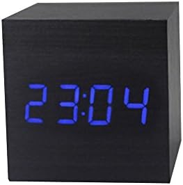 Shouldbuy Cube Digital Alarm Wooden Clock with LED Display for Kids,Travel,Daily Life(Black-Blue)