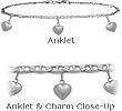 10 Karat White Gold 10" Flat Gucci Style 3 Heart Charm Anklet