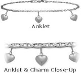 10 K White Gold 10" Flat Gucci Style 3 Heart Charm Anklet