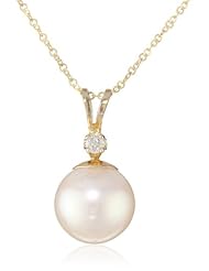 14k Yellow Gold, Akoya Cultured Pearl (7.5-8 mm), and Diamond Pendant Necklace, (1/20 cttw, G-H Color, I2-I3 Clarity), 17"