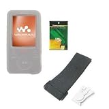 Sony Walkman NWZ-E438 : Clear/White Silicone Skin Case + Screen Protector + Armband + Belt Clip