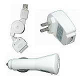 BRAND NEW All-in-1 charger kits for Apple iPhone; iPod 3G/4G, Photo, Video, Mini, Nano and Nano 2. Including: USB AC power adapter, USB car power charger, and retractable USB charger and data sync Cable are all in one combo pack. Color is white