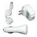 BRAND NEW All-in-1 charger kits for Apple iPhone; iPod 3G/4G, Photo, Video, Mini, Nano and Nano 2. Including: USB AC power adapter, USB car power charger, and retractable USB charger and data sync Cable are all in one combo pack. Color is white.