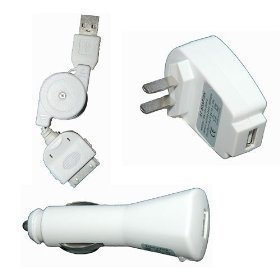 BRAND NEW All-in-1 charger kits for Apple iPhone; iPod 3G/4G, Photo, Video, Mini, Nano and Nano 2. Including: USB AC power adapter, USB car power charger, and retractable USB charger and data sync Cable are all in one combo pack. Color is white.