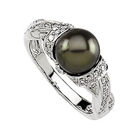 8Mm 1 3Cttw 14K White Gold Freshwater Cultured Black Pearl And Diamond Ring by